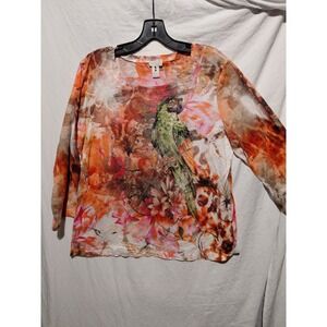 Y2K Style Chico's orange tunic blouse colorful floral Print & Beaded parrot Sz M